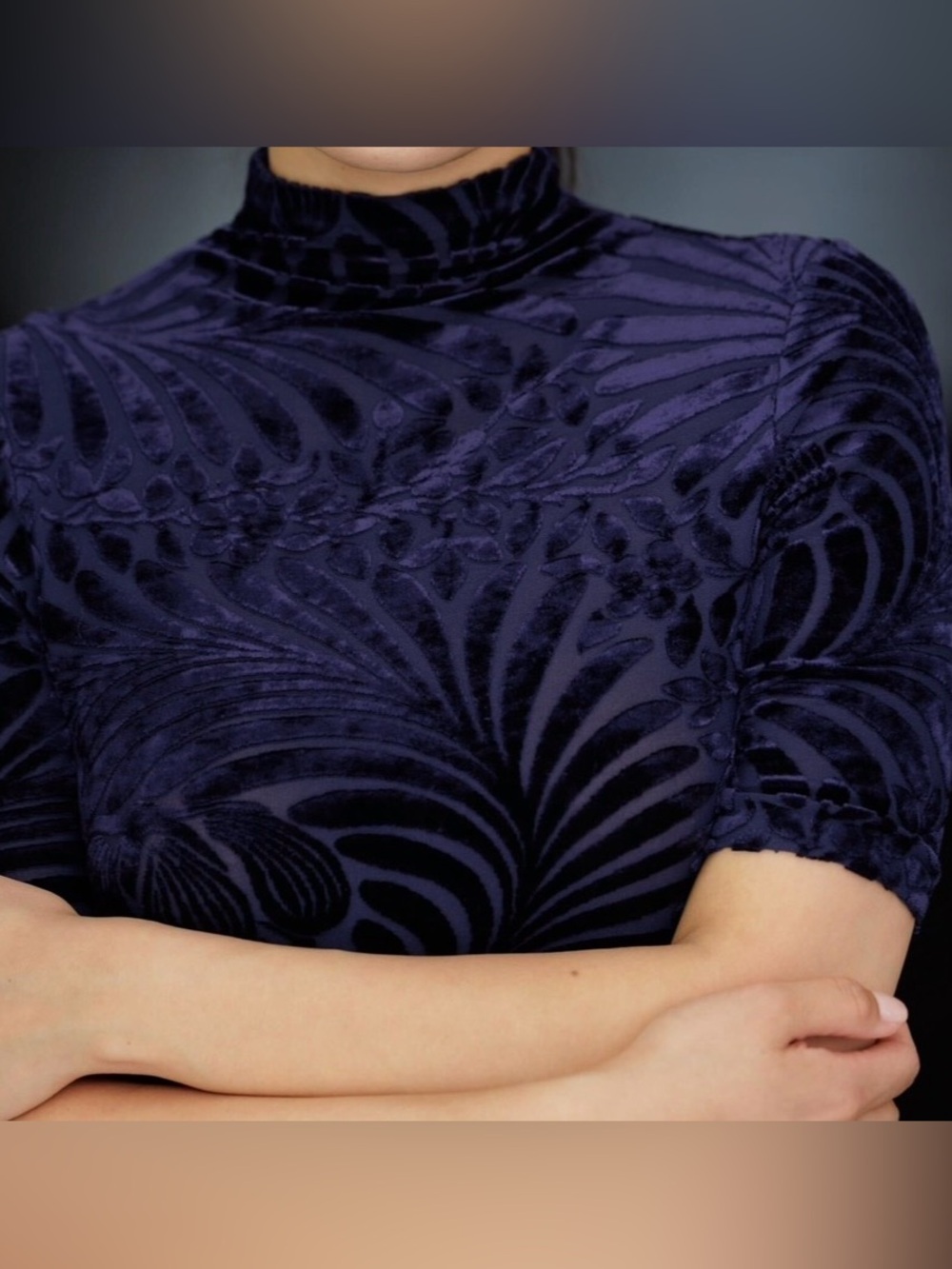 Jil Sander Velvet Burnout Floral Mock Neck Fitted Top Navy